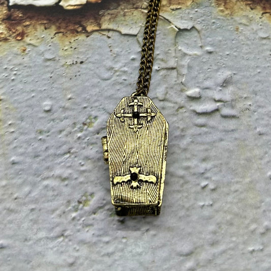 Antique Bronze Opening Vampire Coffin Necklace