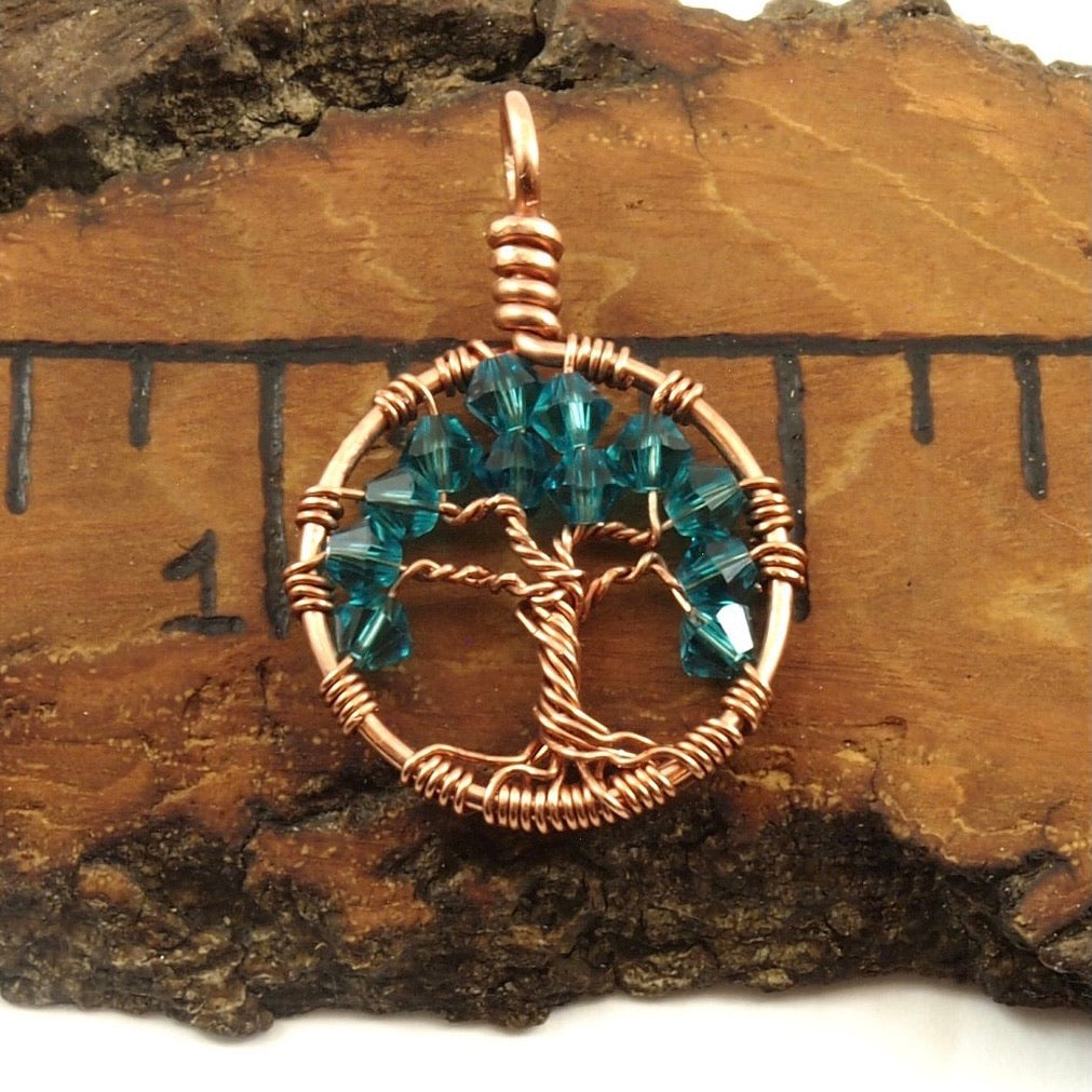 Blue Zircon Crystal Tree of Life Pendant ~ December Birthstone