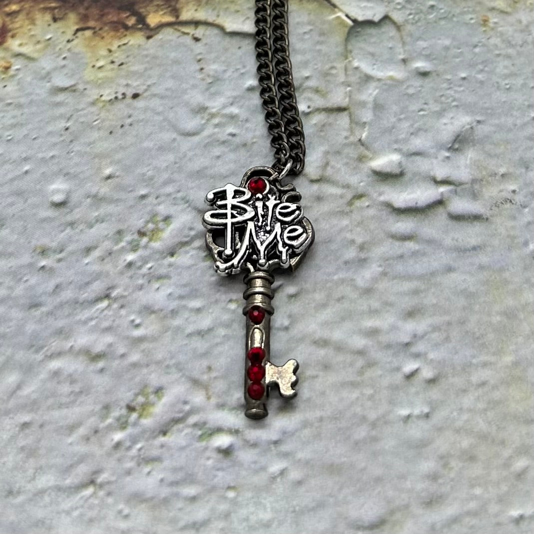 Vampire "Bite Me" Skeleton Key Necklace ~ Halloween Jewelry