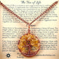 An image of the November birthstone tree of life pendant showing the product insert information a customer receives from Uncorked & Bottled Up made with genuine citrine gemstones and copper wire